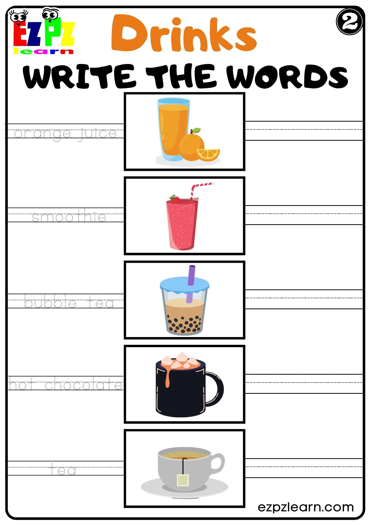 Drinks Write the Words Worksheet for Kids K5 and ESL PDF Download Set 2